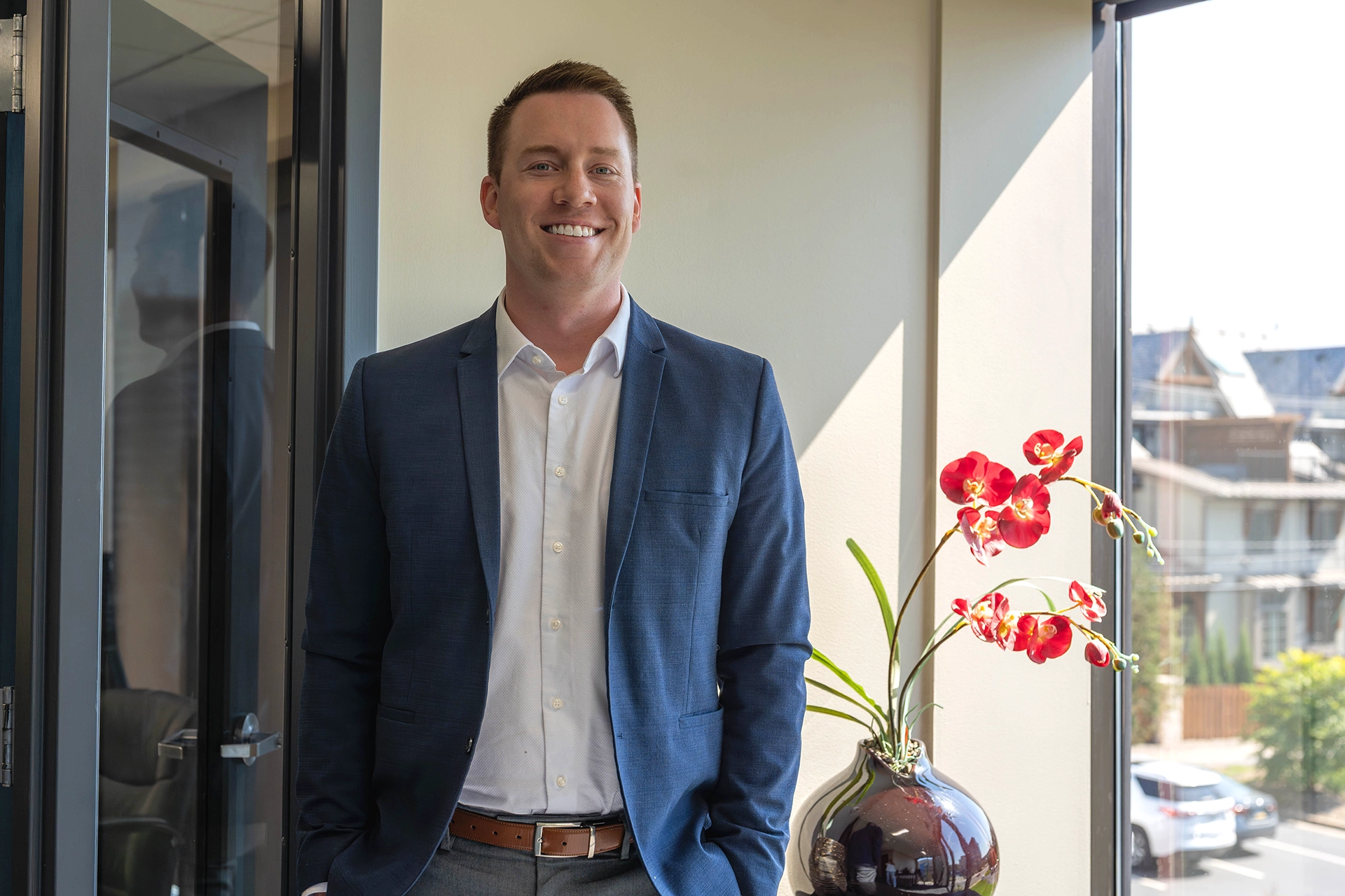 Portrait of attorney Jeremy Keel standing in the law office, specializing in estate planning and probate